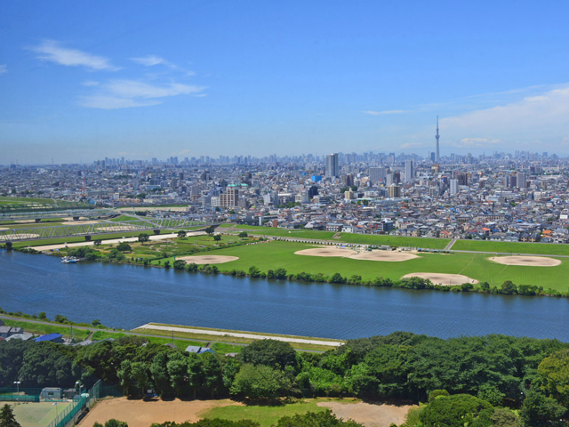 高層階から都心方面を臨む眺め。眼下には江戸川のゆったりとした流れ、晴れた日には富士山をはじめ、関東平野を取り囲む山々を見る事ができます。