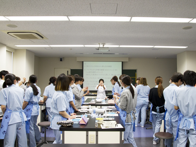 【実習室（動物臨床看護学実習室）】衛生管理やイヌを用いた保定法、一般身体検査をはじめ、内科、外科それぞれに必要な医療器具の取扱いを学びます。